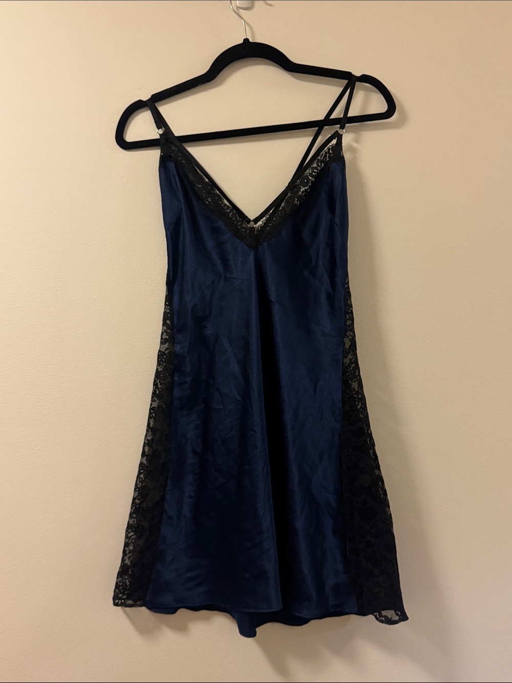 Victoria's Secret Navy Satin Chemise with Black Lace Accents